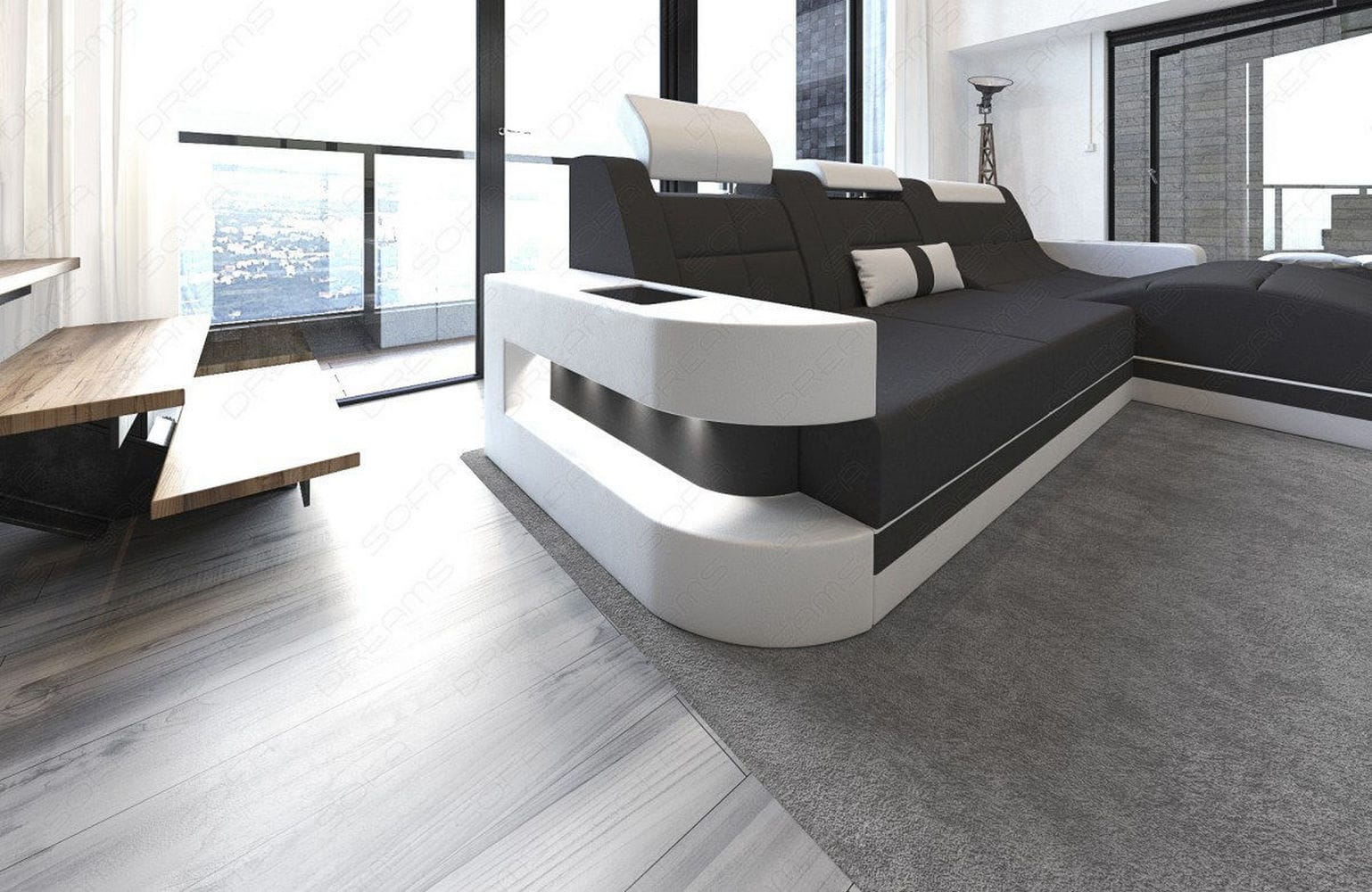 Materialmix Stoffsofa Wave L-Form Dunkgelgrau-Weiß