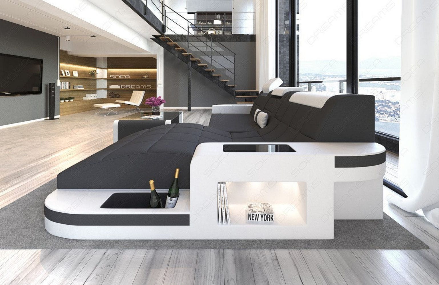 Materialmix Stoffsofa Wave L-Form Dunkgelgrau-Weiß
