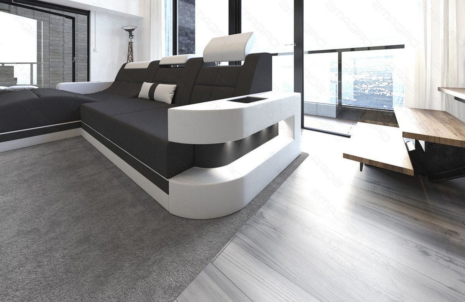 Materialmix Stoffsofa Wave L-Form Dunkgelgrau-Weiß
