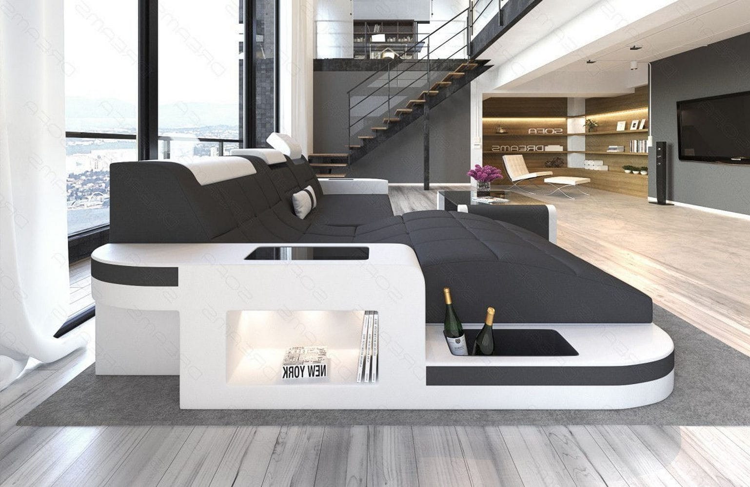 Materialmix Stoffsofa Wave L-Form Dunkgelgrau-Weiß