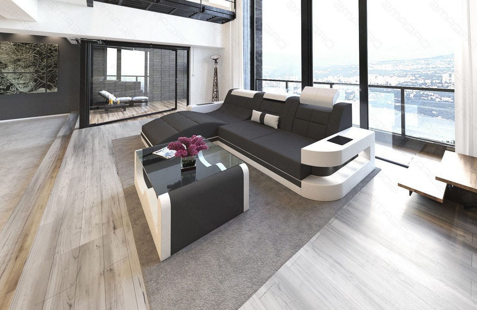Materialmix Stoffsofa Wave L-Form Dunkgelgrau-Weiß