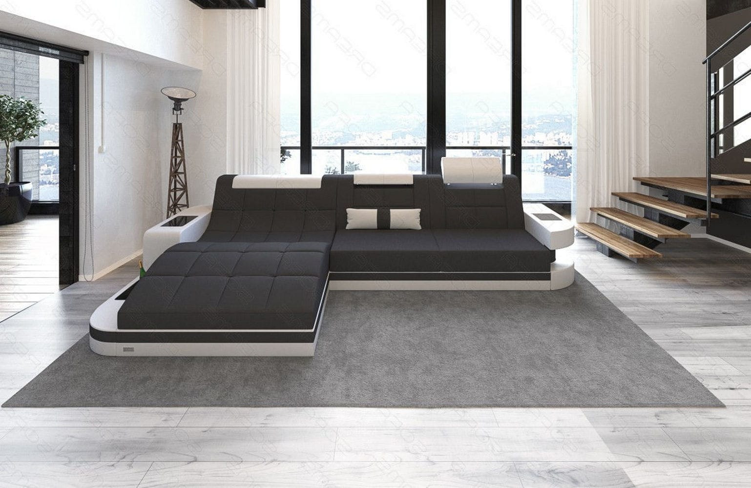 Materialmix Stoffsofa Wave L-Form Dunkgelgrau-Weiß