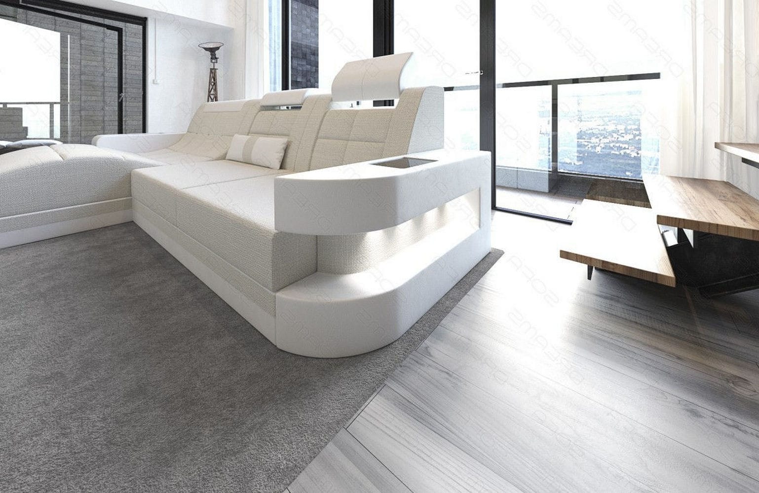 Materialmix Stoffsofa Wave L-Form Elfenbein-Weiß