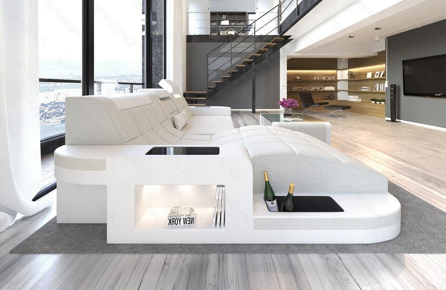 Materialmix Stoffsofa Wave L-Form Elfenbein-Weiß