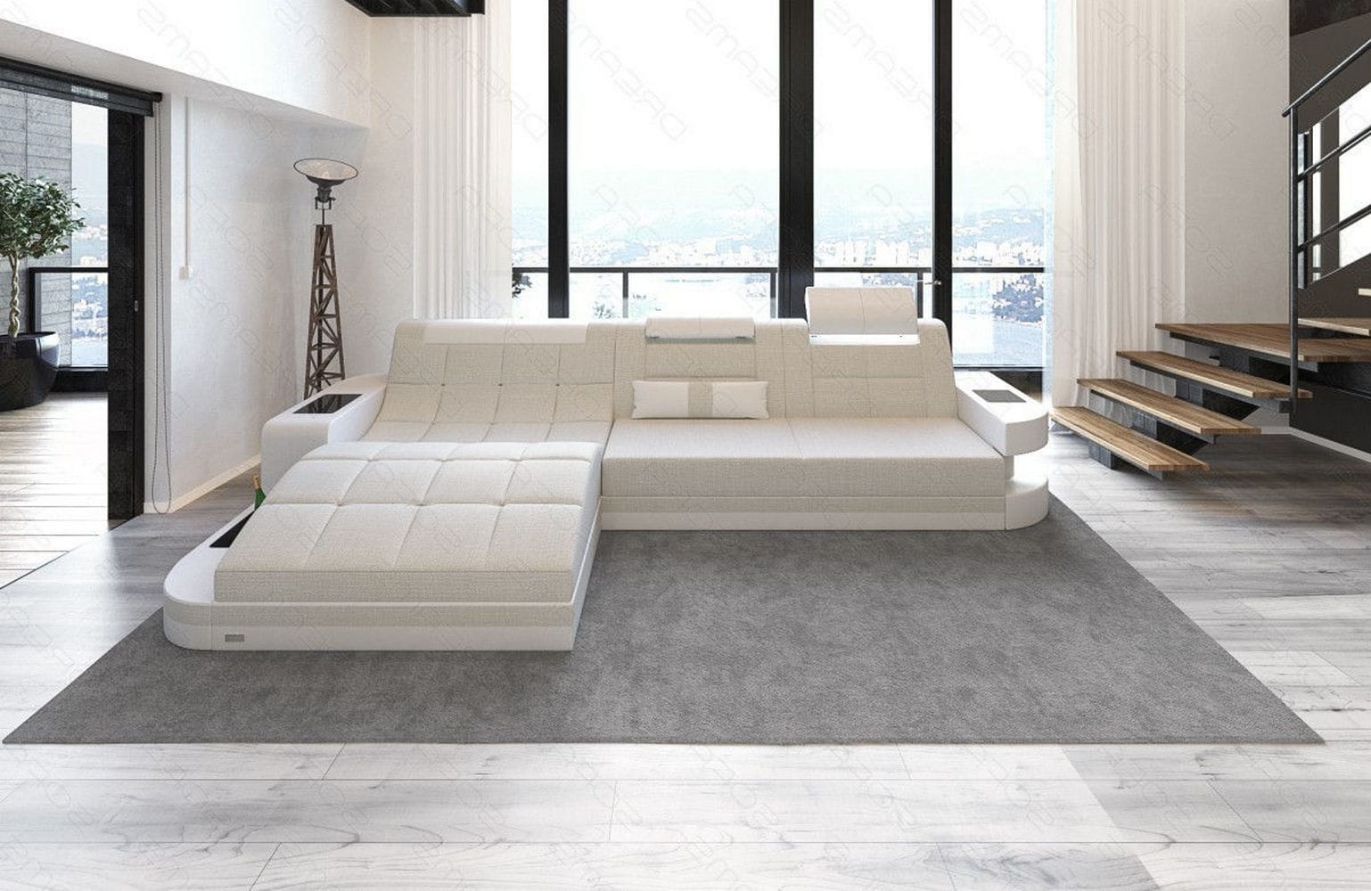 Materialmix Stoffsofa Wave L-Form Elfenbein-Weiß