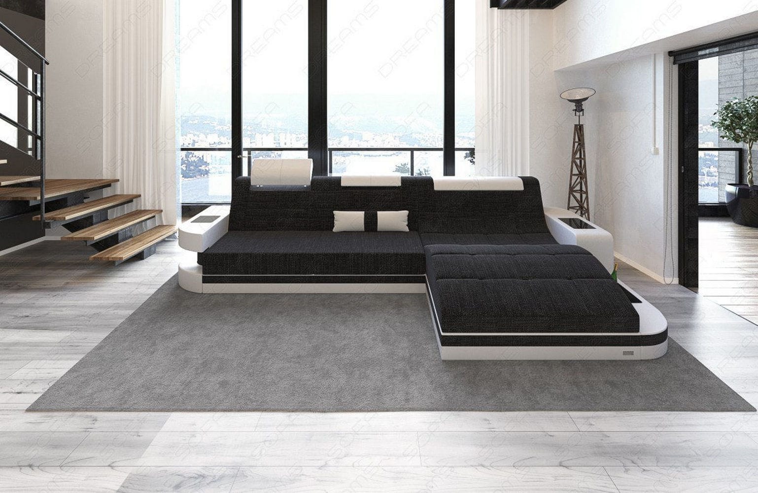 Materialmix Stoffsofa Wave L-Form Schwarzgrau-Weiß