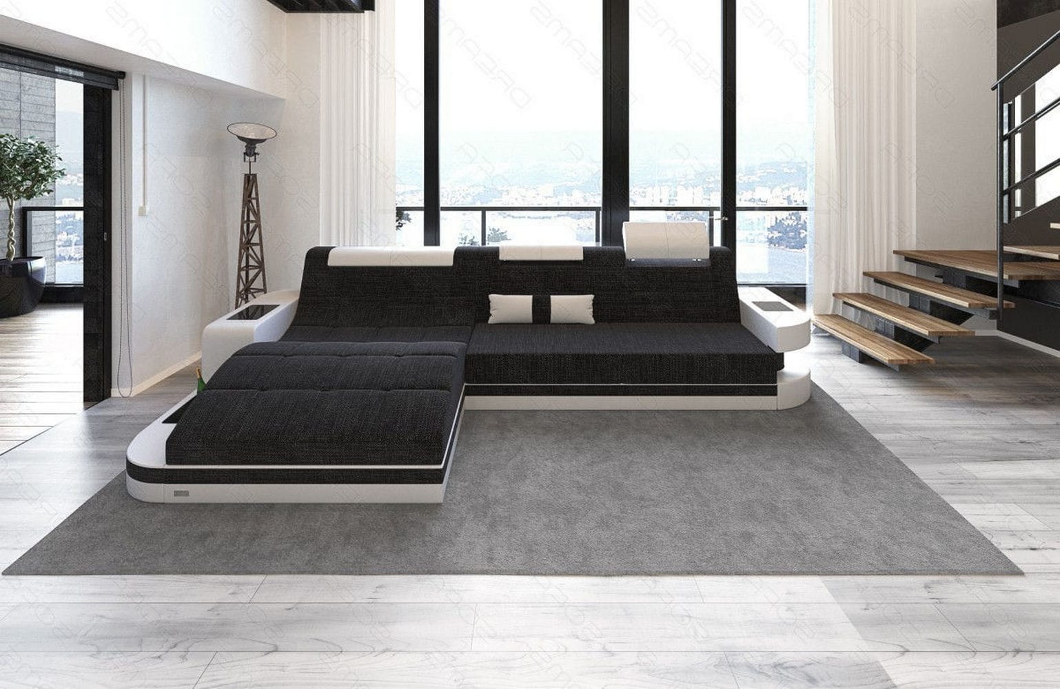 Materialmix Stoffsofa Wave L-Form Schwarzgrau-Weiß