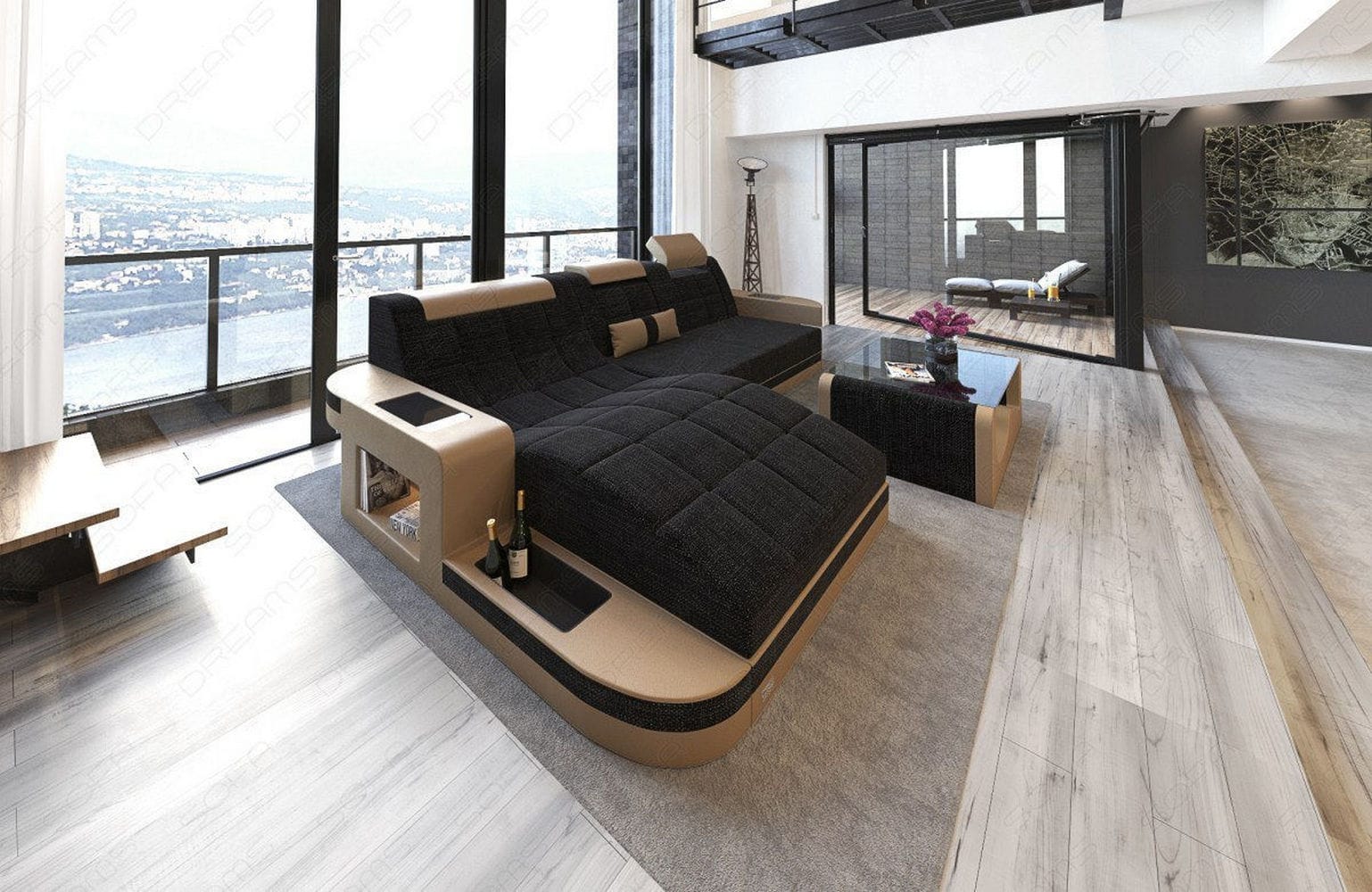 Materialmix Stoffsofa Wave L-Form Dunkelgrau-Sandbeige