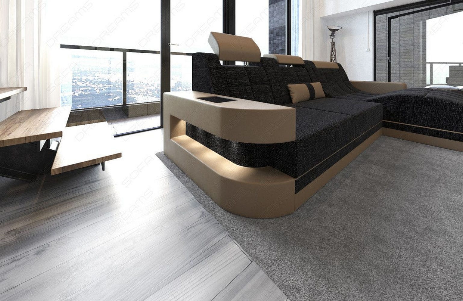 Materialmix Stoffsofa Wave L-Form Dunkelgrau-Sandbeige
