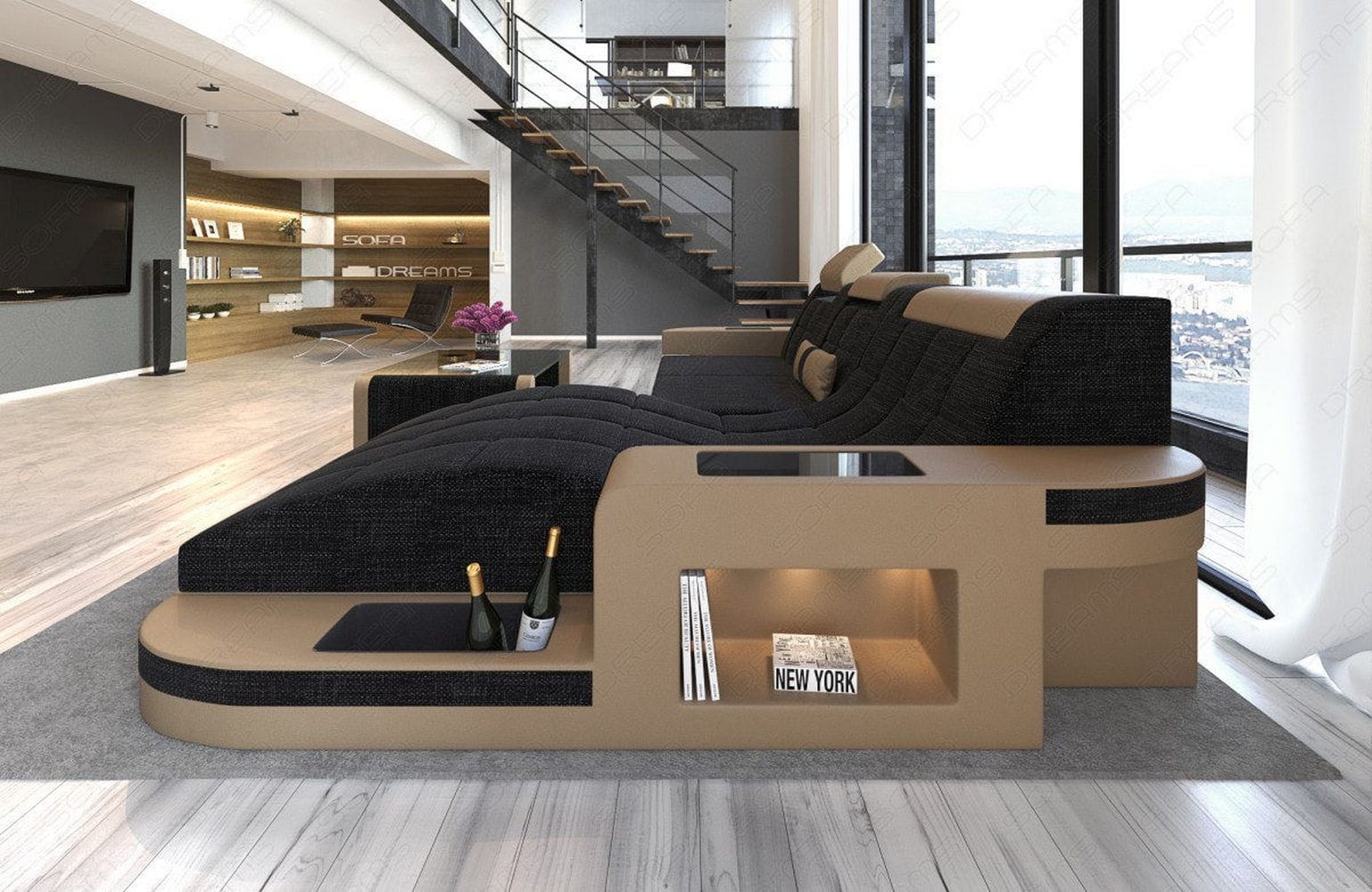 Materialmix Stoffsofa Wave L-Form Dunkelgrau-Sandbeige