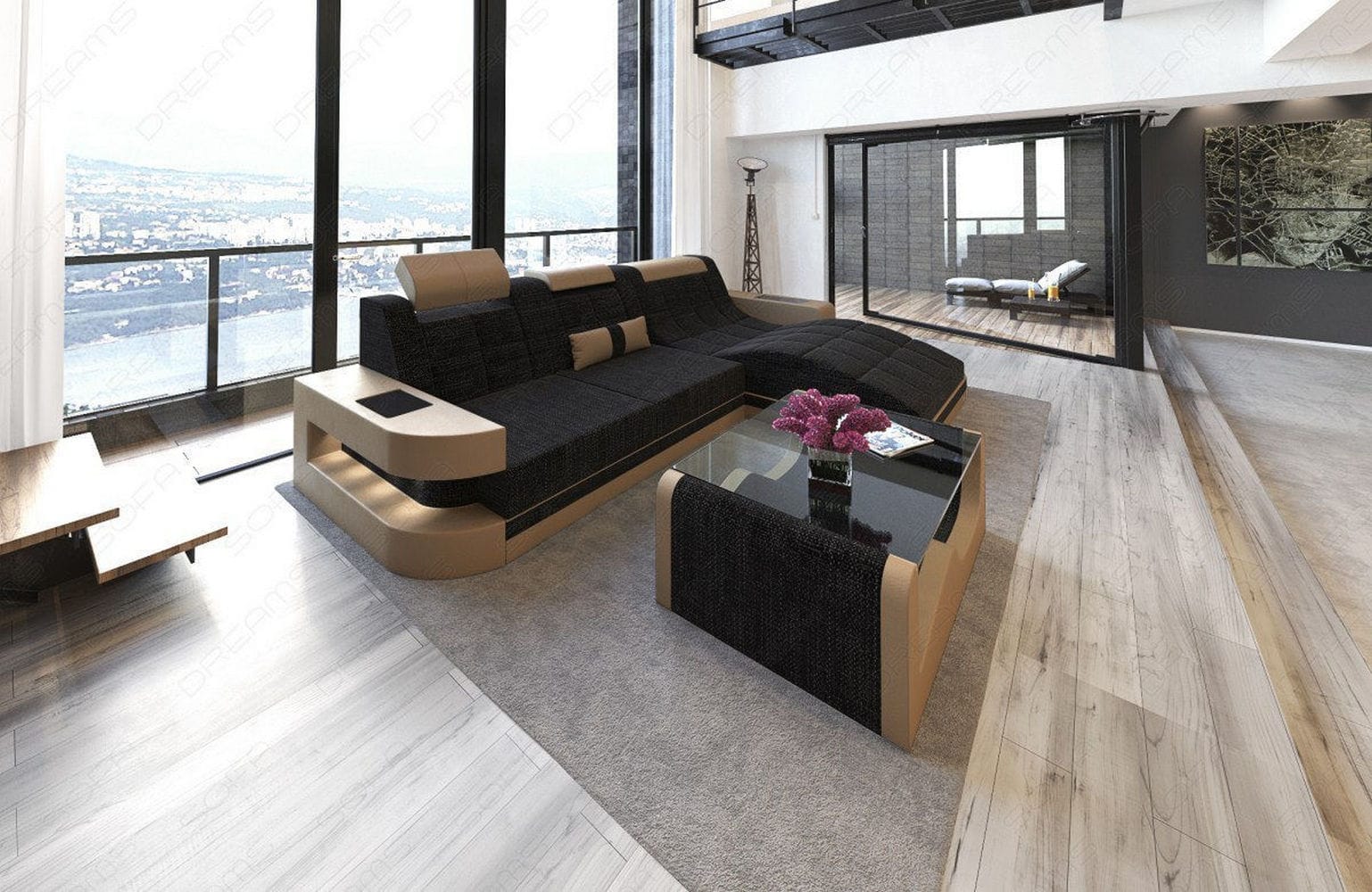 Materialmix Stoffsofa Wave L-Form Dunkelgrau-Sandbeige