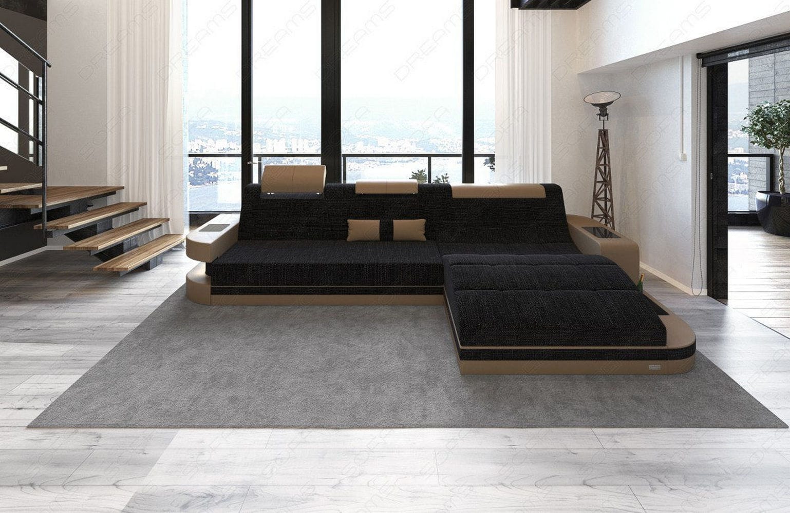 Materialmix Stoffsofa Wave L-Form Dunkelgrau-Sandbeige