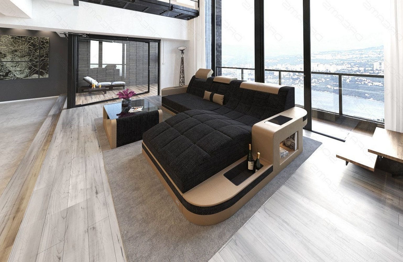 Materialmix Stoffsofa Wave L-Form Dunkelgrau-Sandbeige