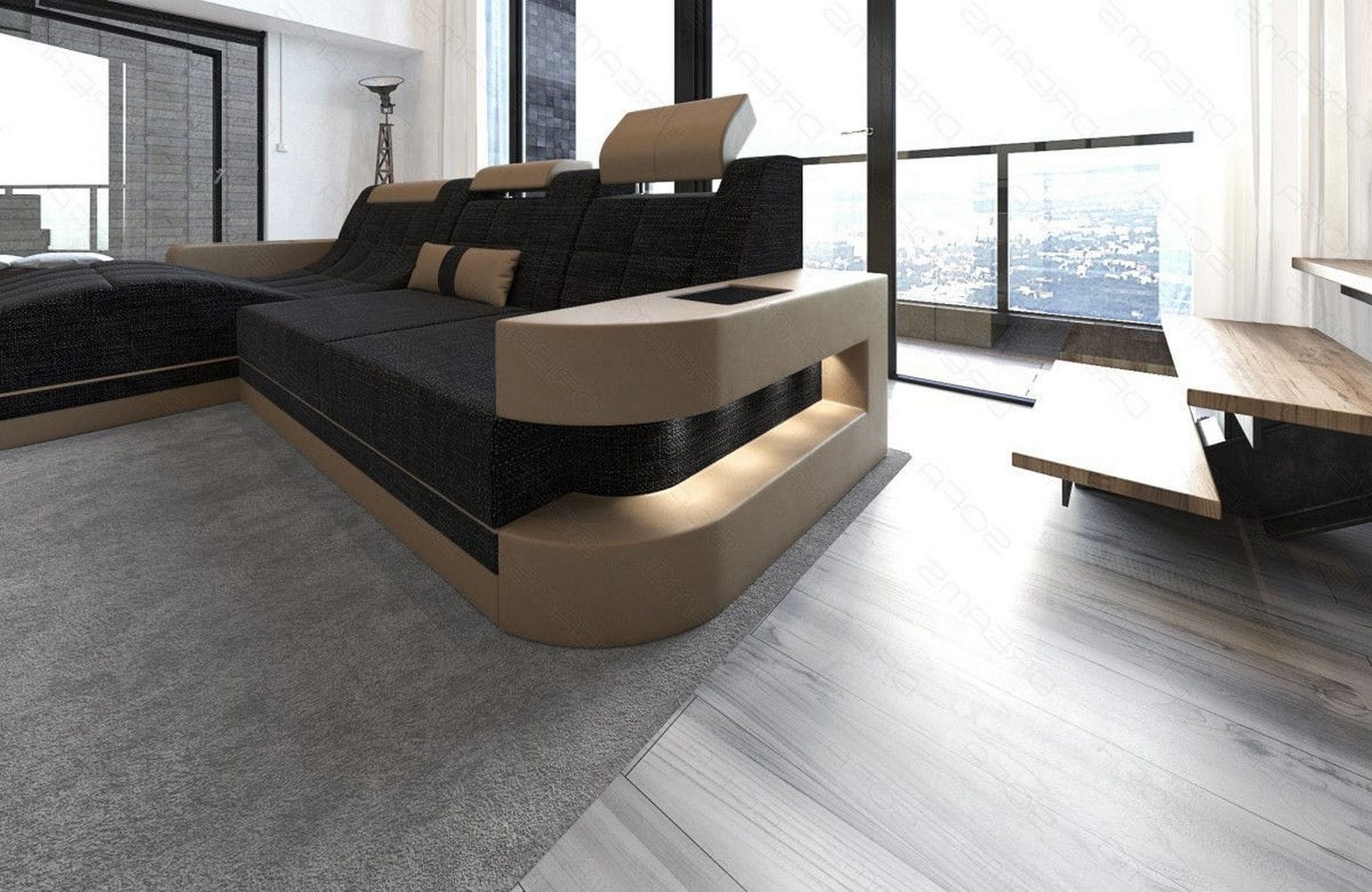 Materialmix Stoffsofa Wave L-Form Dunkelgrau-Sandbeige