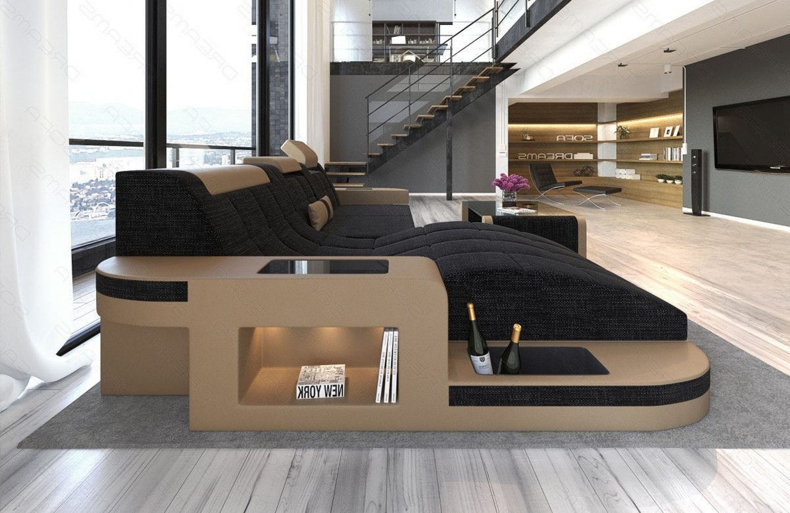 Materialmix Stoffsofa Wave L-Form Dunkelgrau-Sandbeige