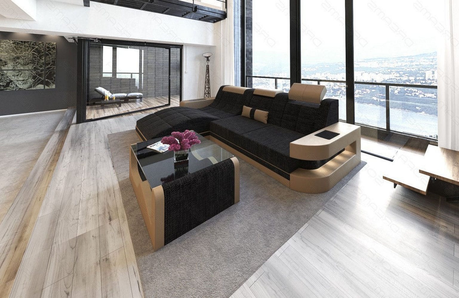Materialmix Stoffsofa Wave L-Form Dunkelgrau-Sandbeige