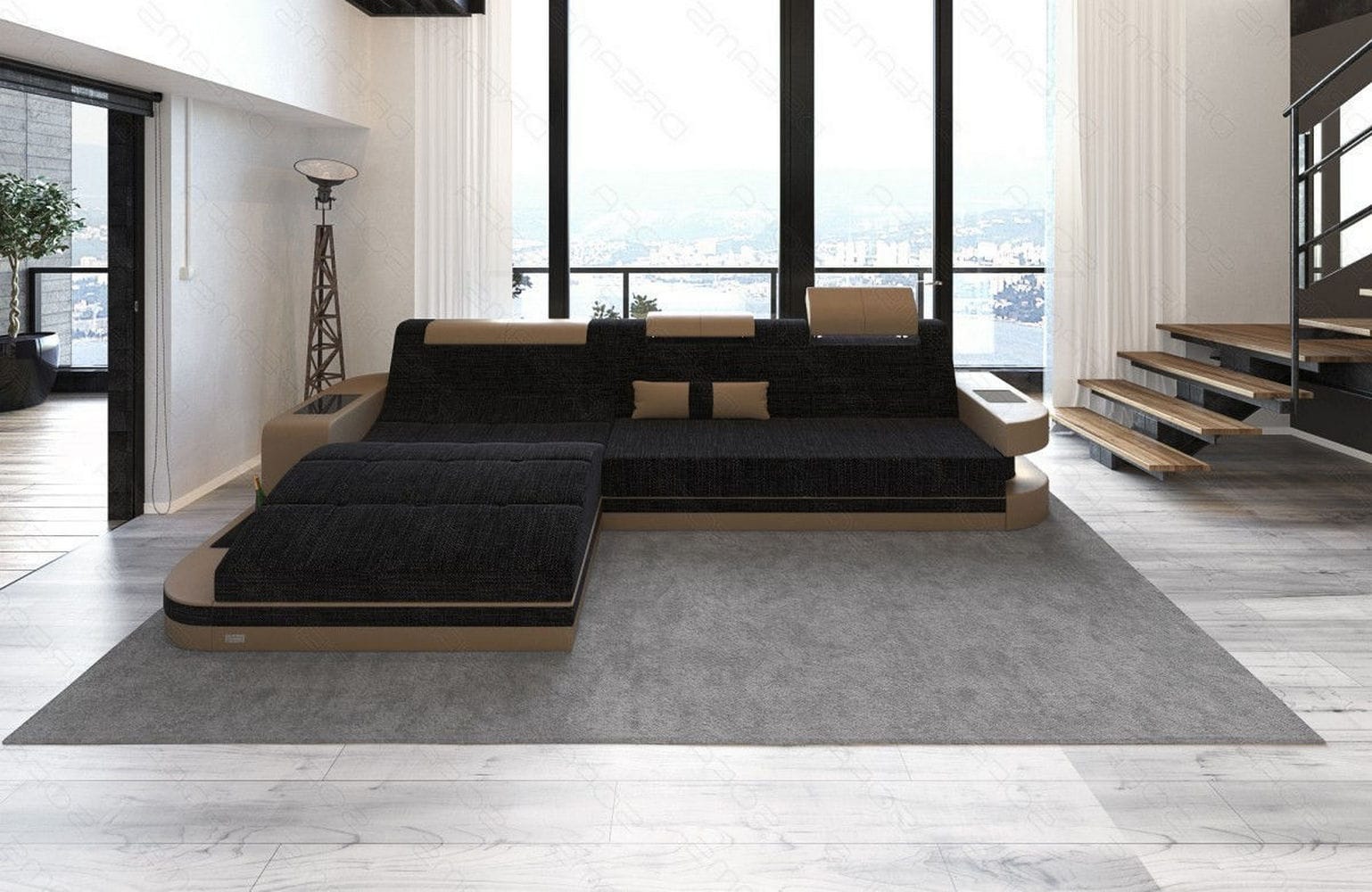 Materialmix Stoffsofa Wave L-Form Dunkelgrau-Sandbeige