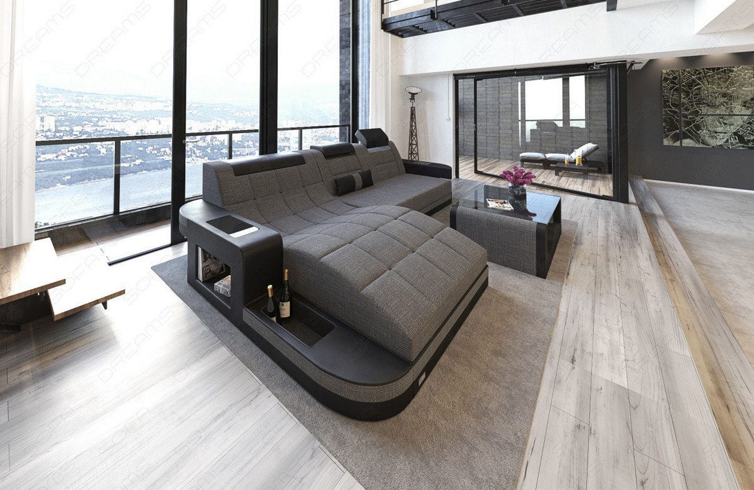 Materialmix Stoffsofa Wave L-Form Grau-Schwarz