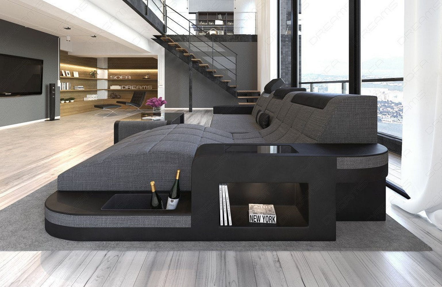 Materialmix Stoffsofa Wave L-Form Grau-Schwarz