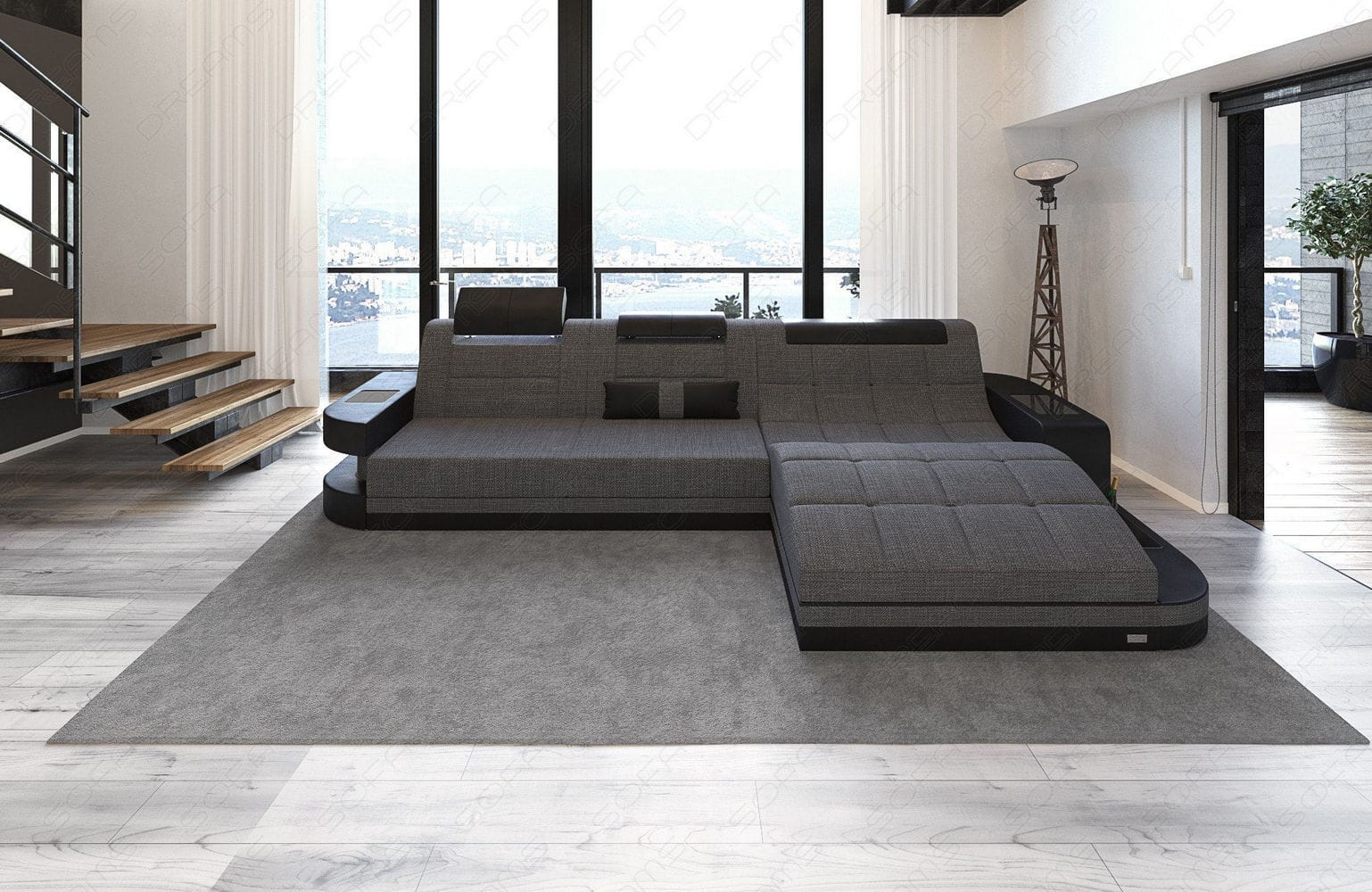 Materialmix Stoffsofa Wave L-Form Grau-Schwarz