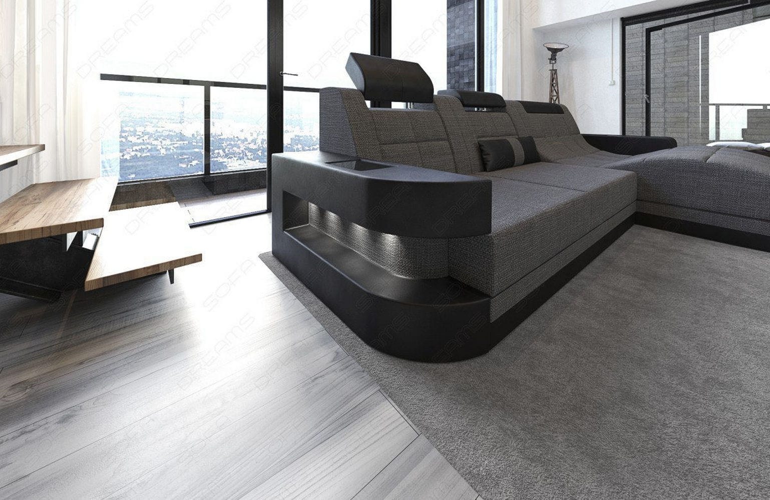 Materialmix Stoffsofa Wave L-Form Grau-Schwarz