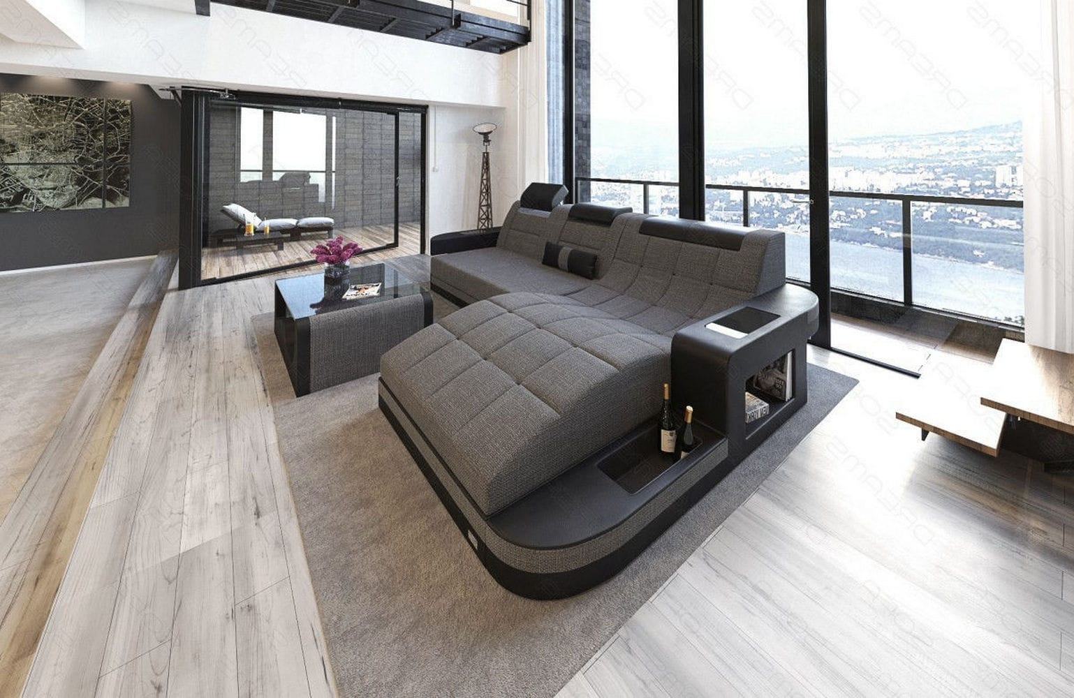 Materialmix Stoffsofa Wave L-Form Grau-Schwarz