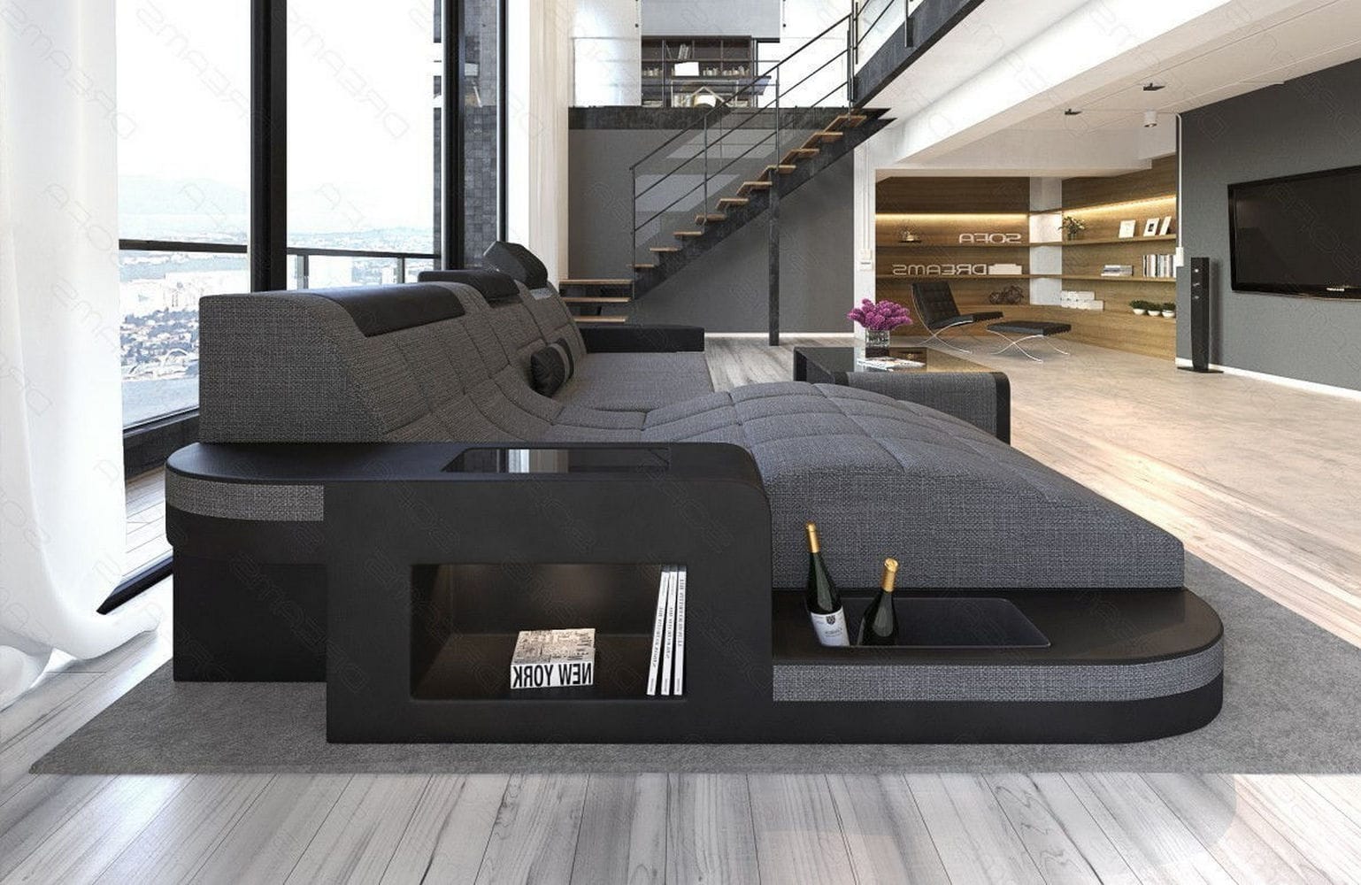 Materialmix Stoffsofa Wave L-Form Grau-Schwarz