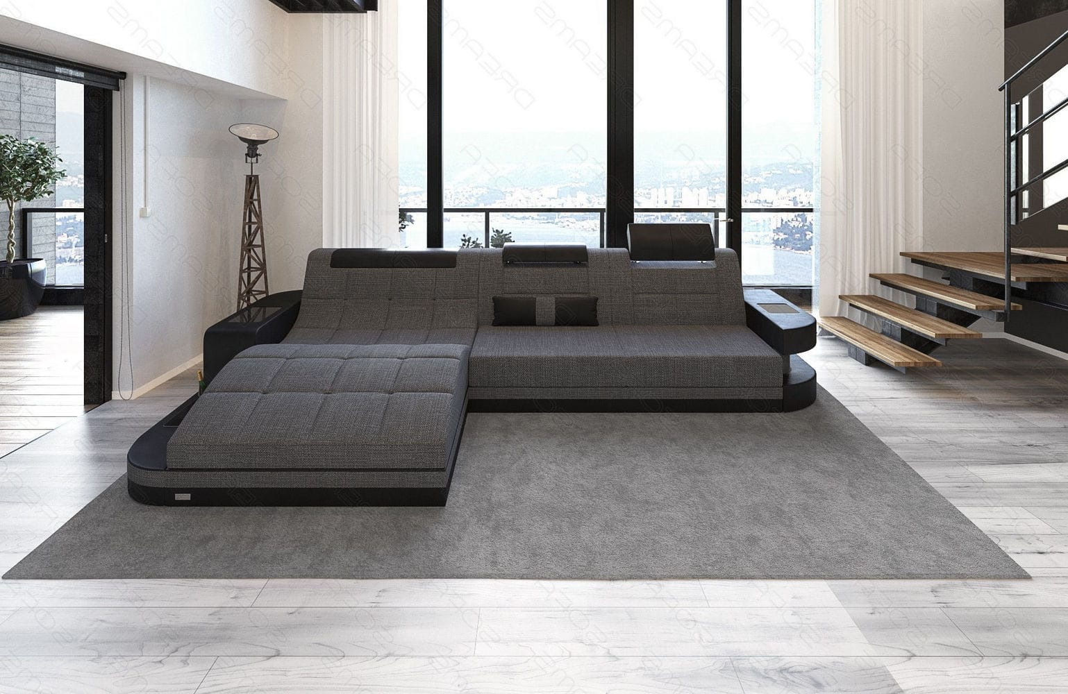Materialmix Stoffsofa Wave L-Form Grau-Schwarz