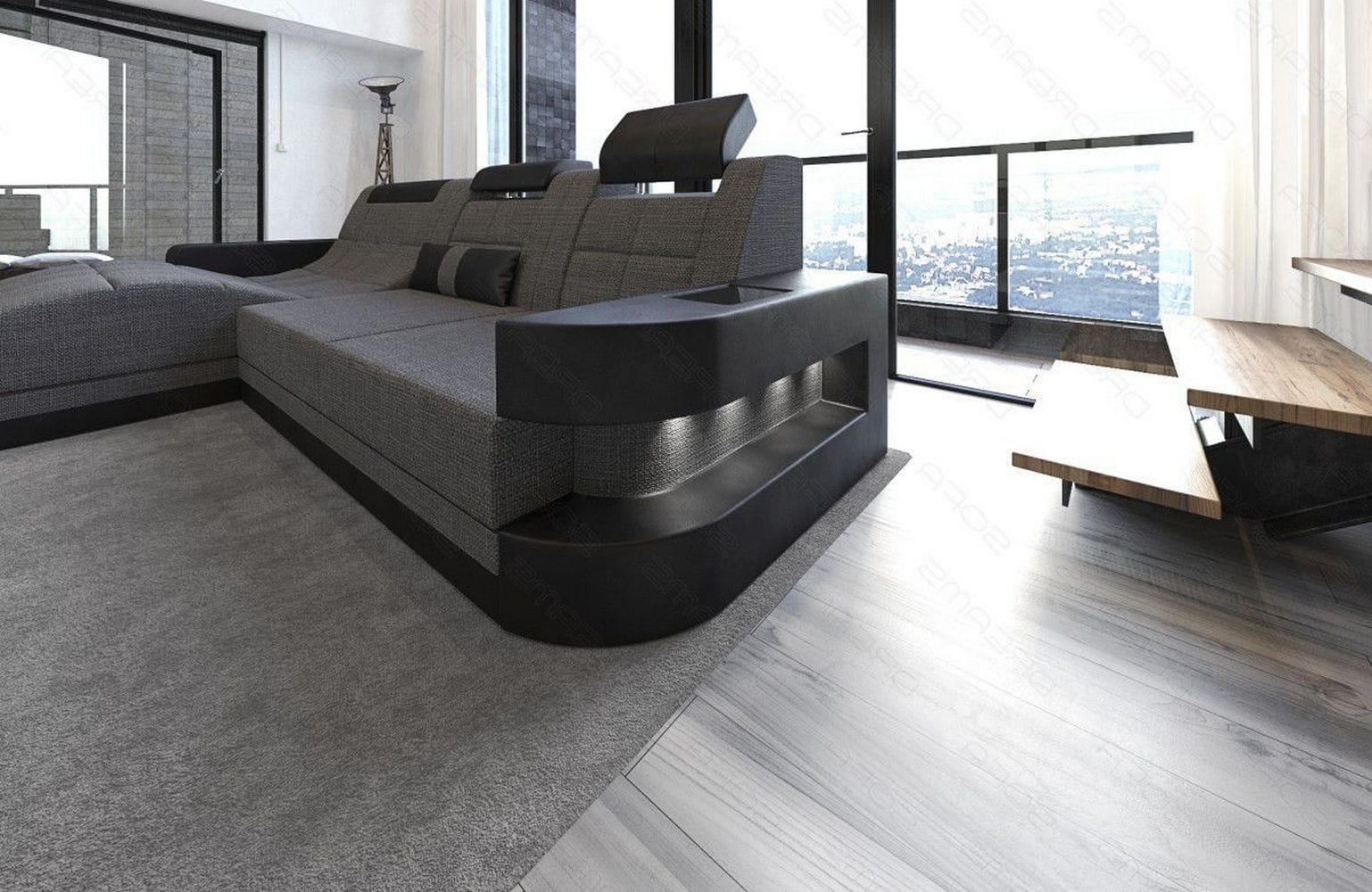 Materialmix Stoffsofa Wave L-Form Grau-Schwarz