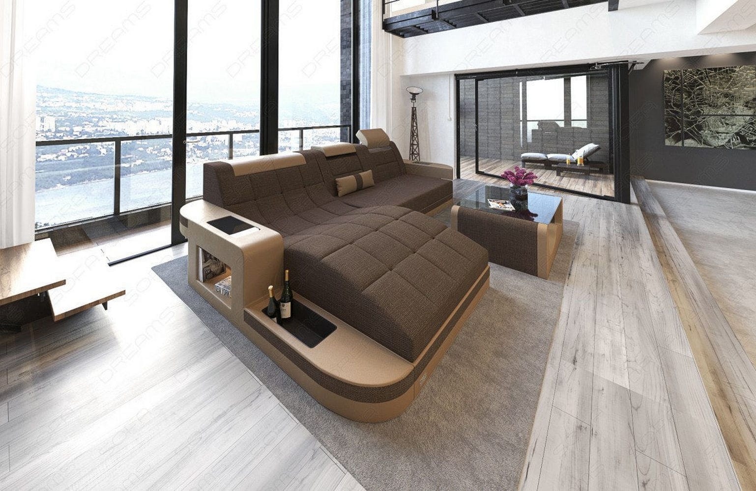 Materialmix Stoffsofa Wave L-Form Braun-Sandbeige