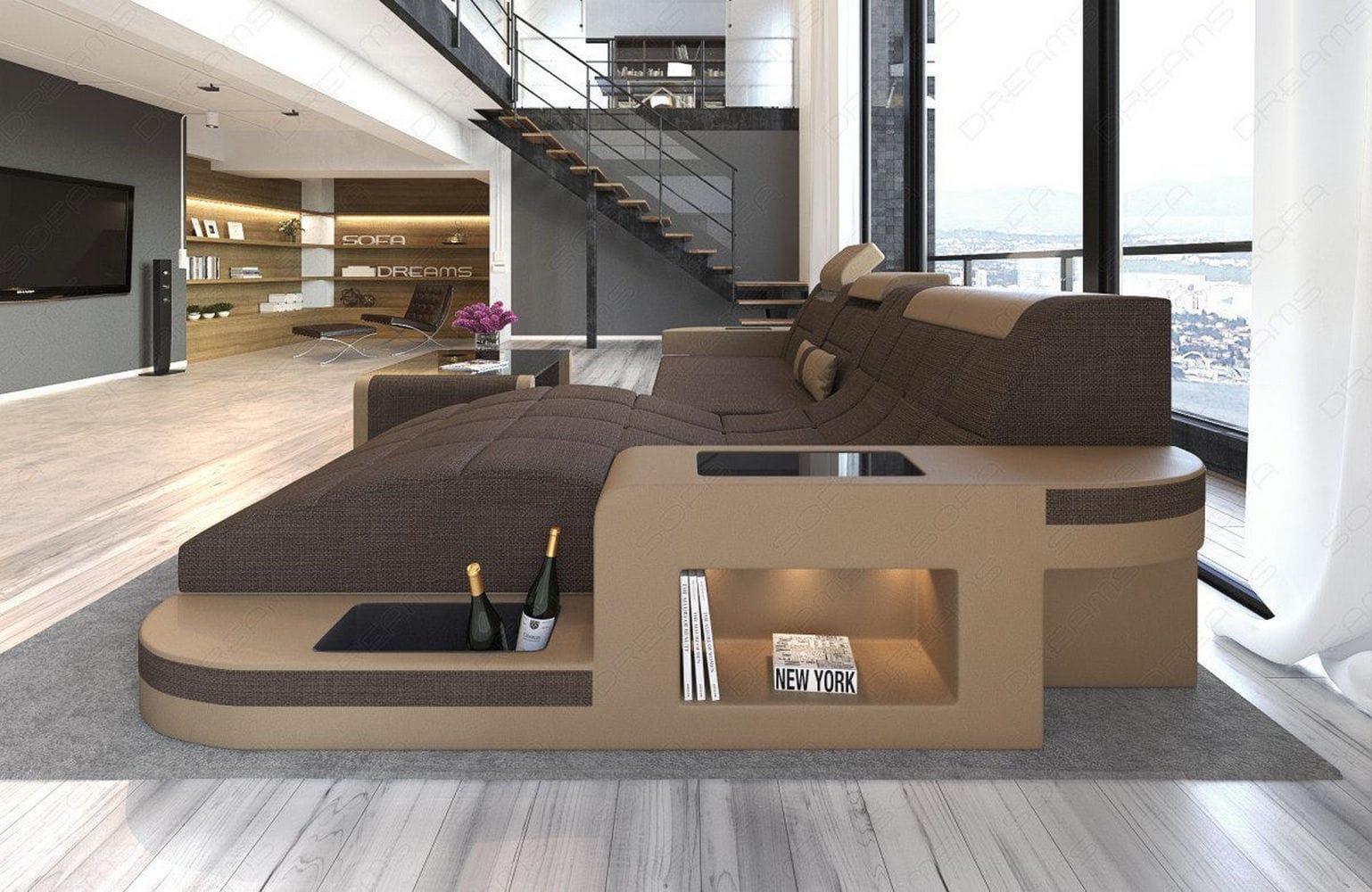Materialmix Stoffsofa Wave L-Form Braun-Sandbeige