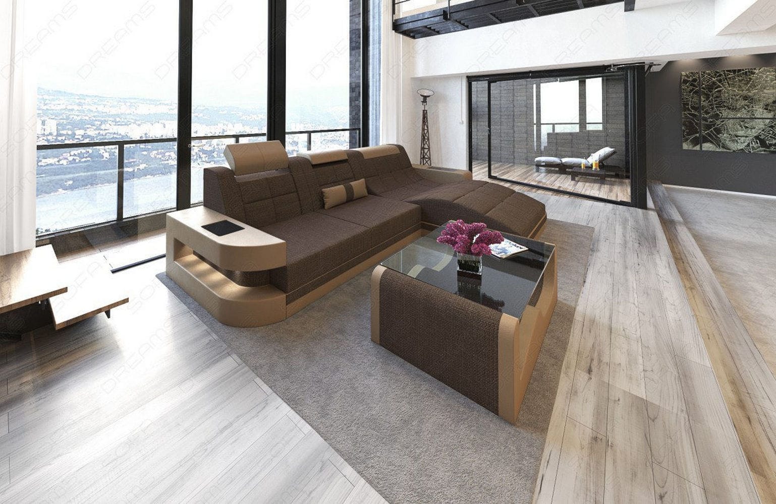 Materialmix Stoffsofa Wave L-Form Braun-Sandbeige