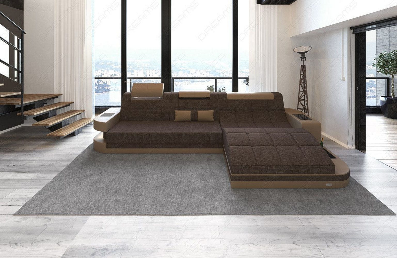 Materialmix Stoffsofa Wave L-Form Braun-Sandbeige