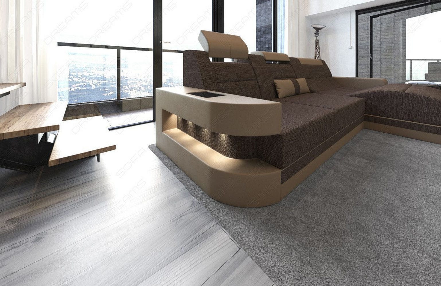 Materialmix Stoffsofa Wave L-Form Braun-Sandbeige