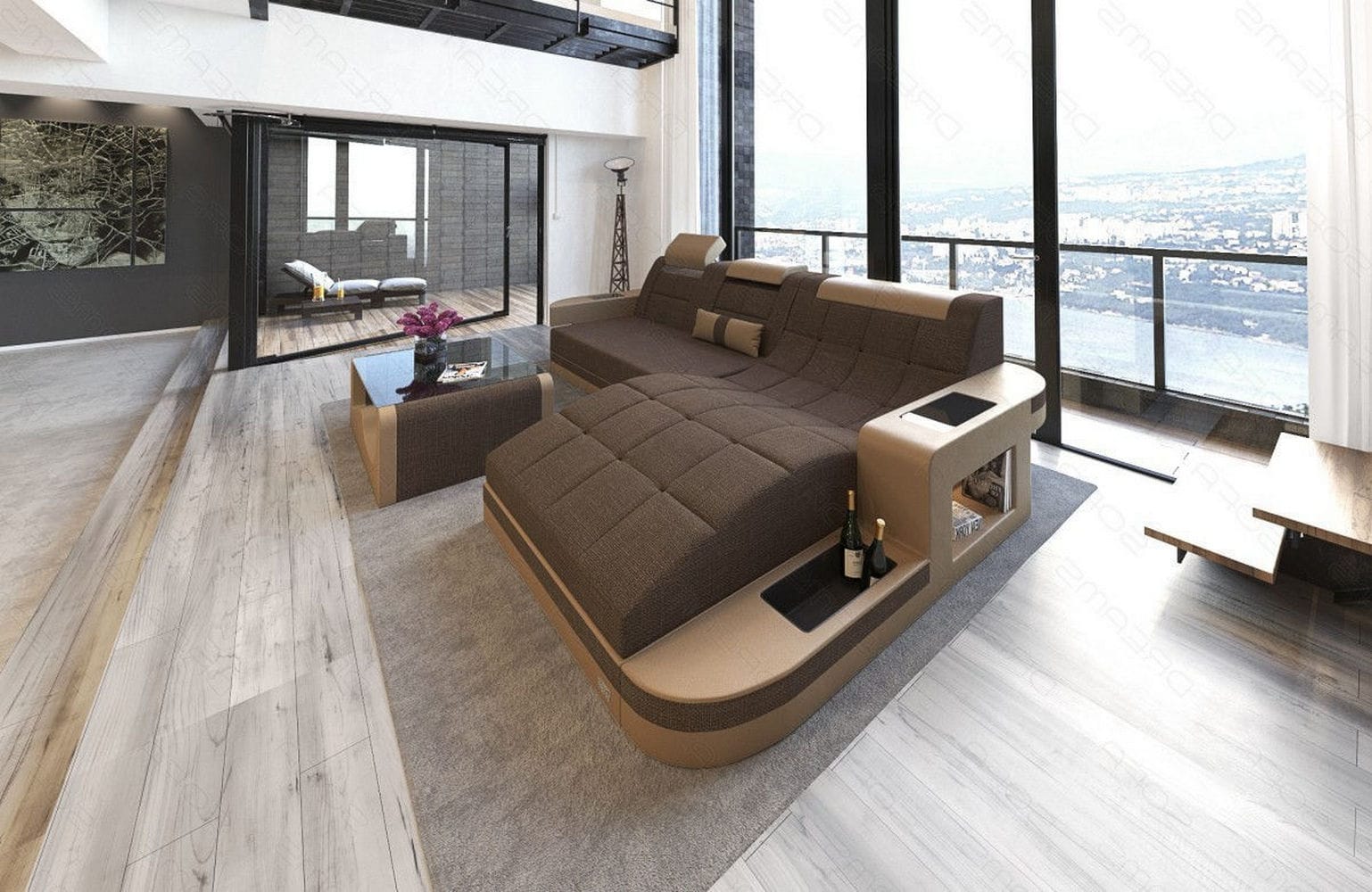 Materialmix Stoffsofa Wave L-Form Braun-Sandbeige