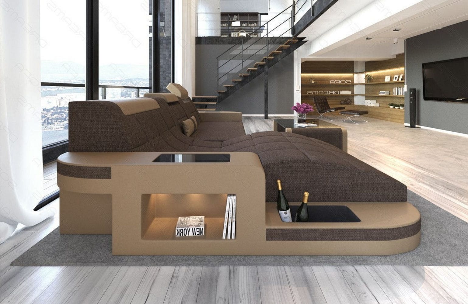 Materialmix Stoffsofa Wave L-Form Braun-Sandbeige