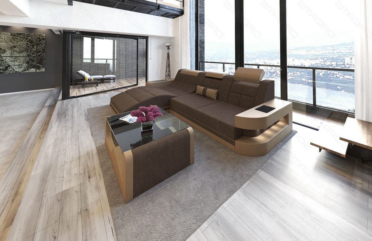 Materialmix Stoffsofa Wave L-Form Braun-Sandbeige