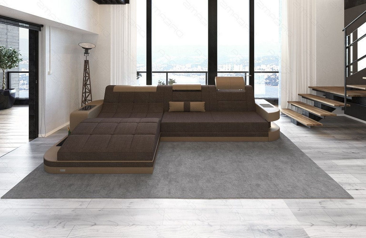 Materialmix Stoffsofa Wave L-Form Braun-Sandbeige