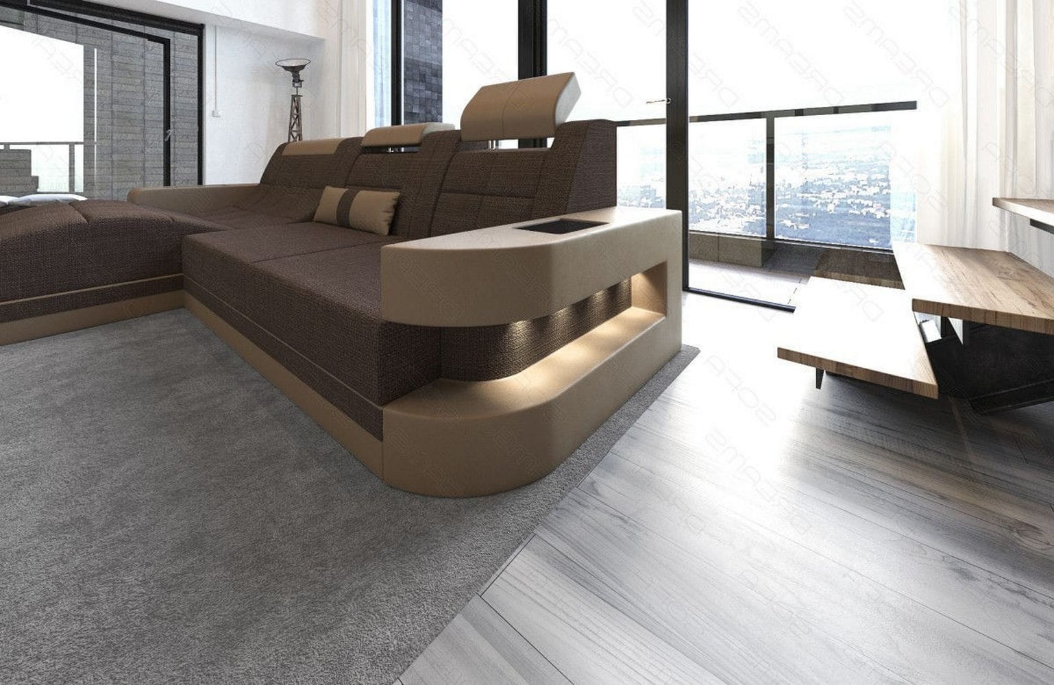 Materialmix Stoffsofa Wave L-Form Braun-Sandbeige
