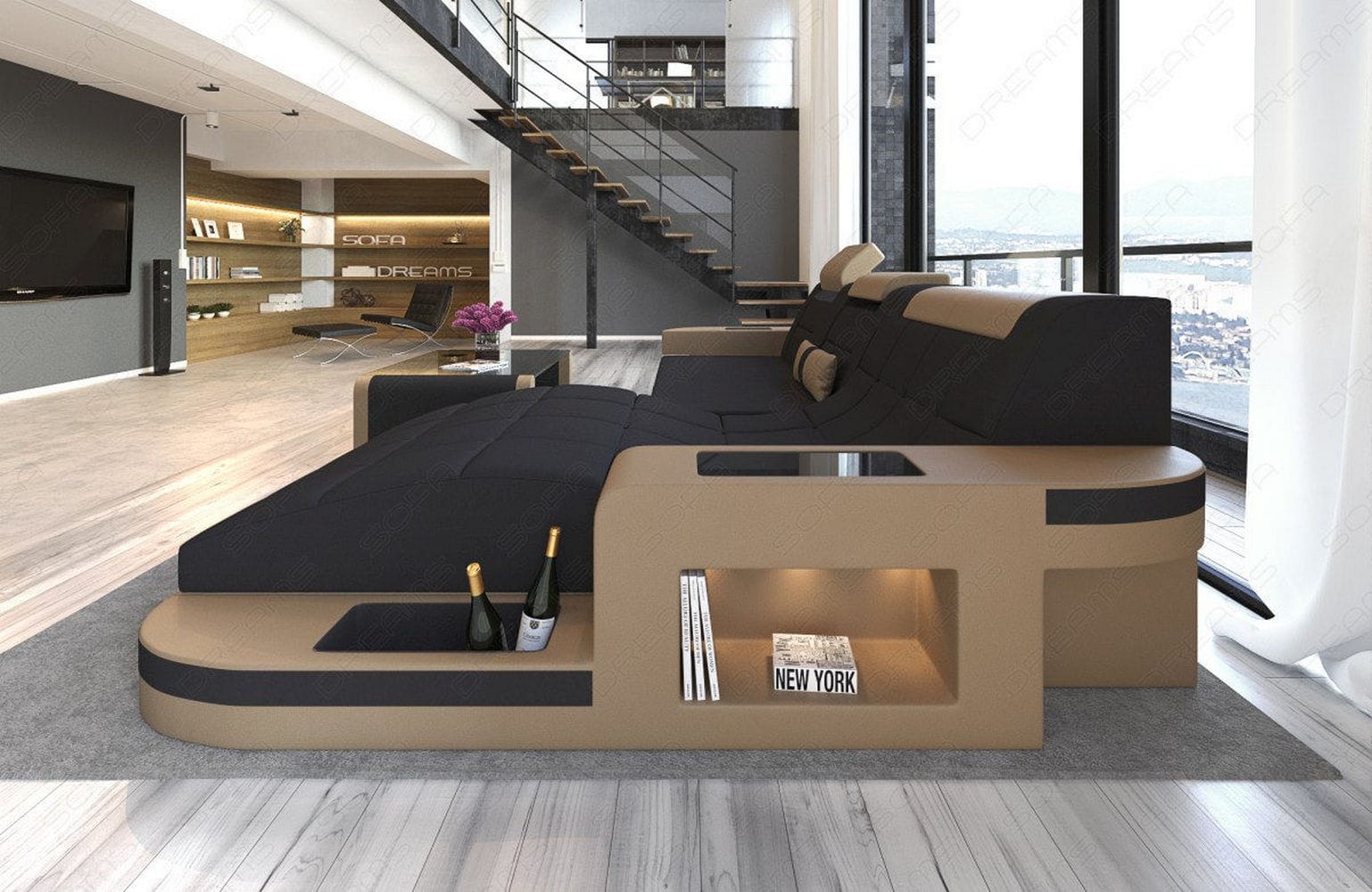 Materialmix Stoffsofa Wave L-Form Schwarz-Sandbeige