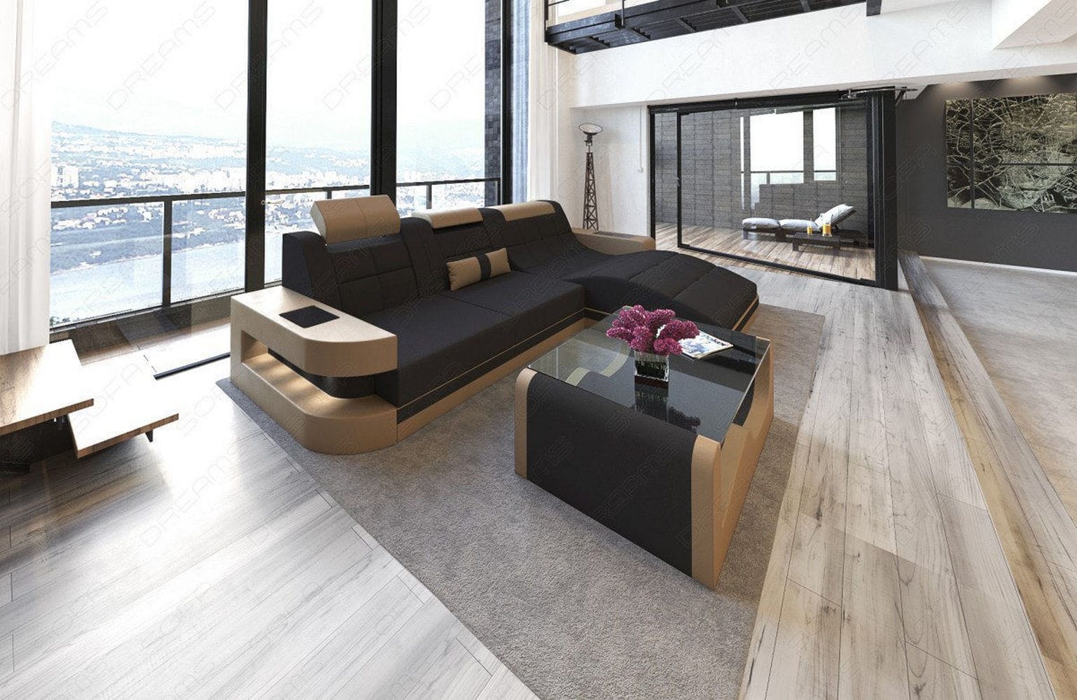 Materialmix Stoffsofa Wave L-Form Schwarz-Sandbeige