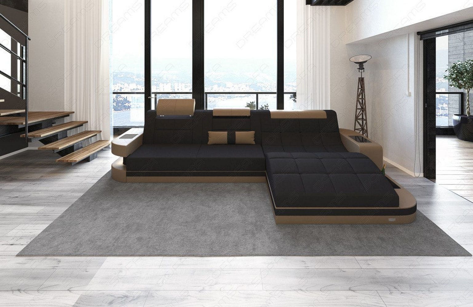 Materialmix Stoffsofa Wave L-Form Schwarz-Sandbeige