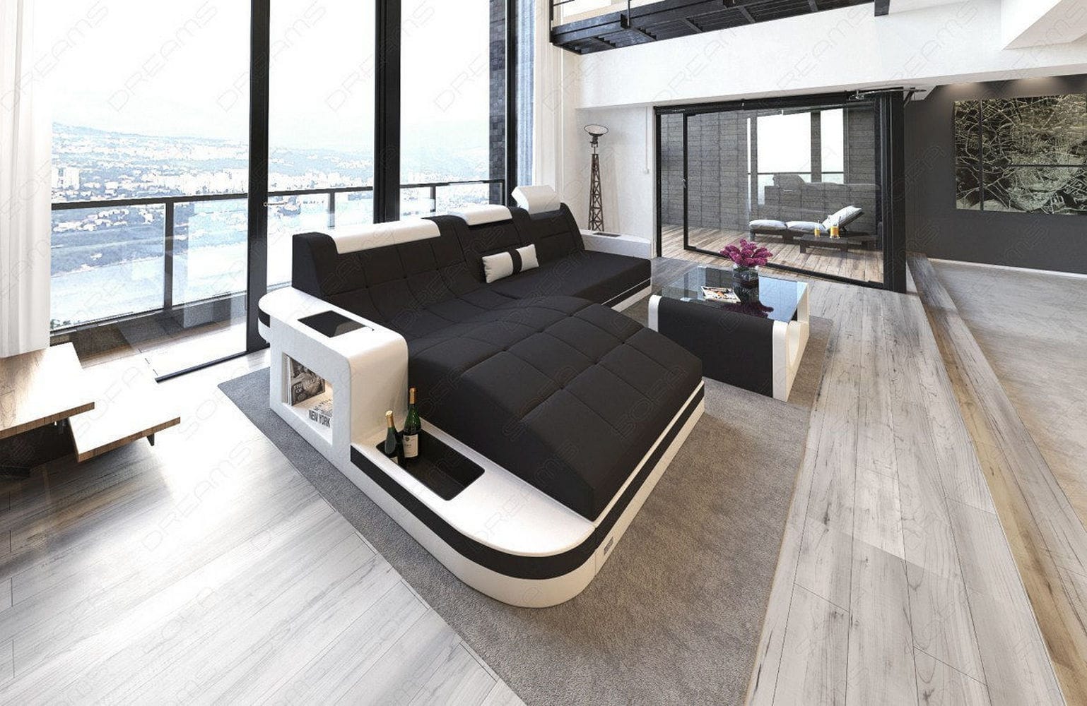 Materialmix Stoffsofa Wave L-Form Schwarz-Weiß