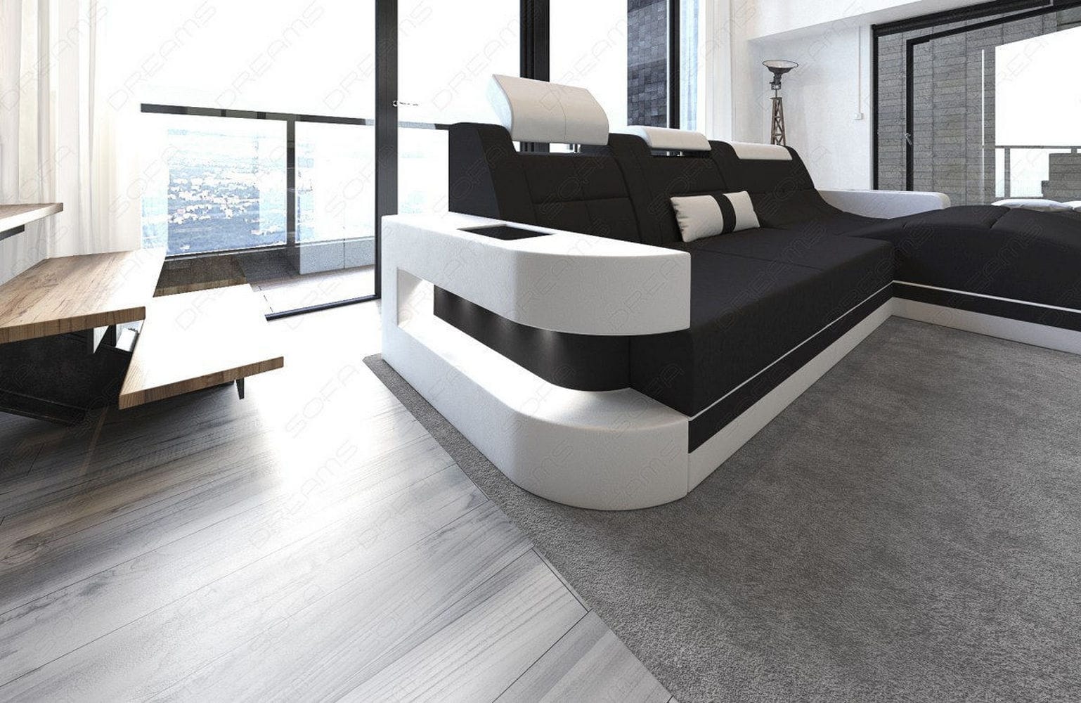 Materialmix Stoffsofa Wave L-Form Schwarz-Weiß
