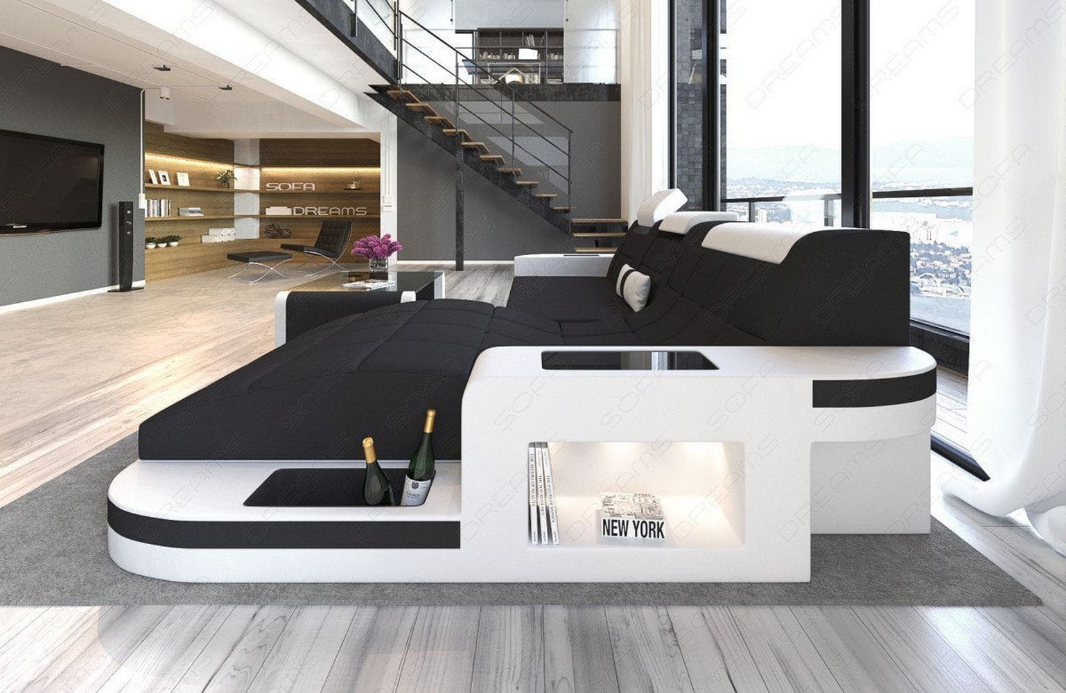 Materialmix Stoffsofa Wave L-Form Schwarz-Weiß