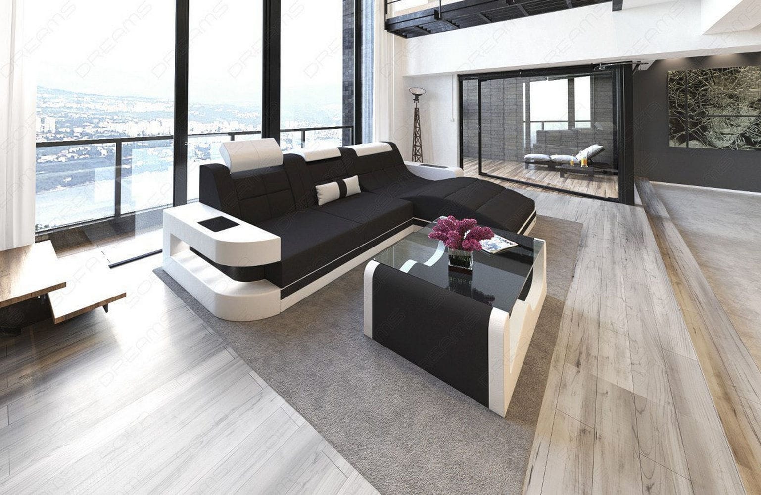 Materialmix Stoffsofa Wave L-Form Schwarz-Weiß