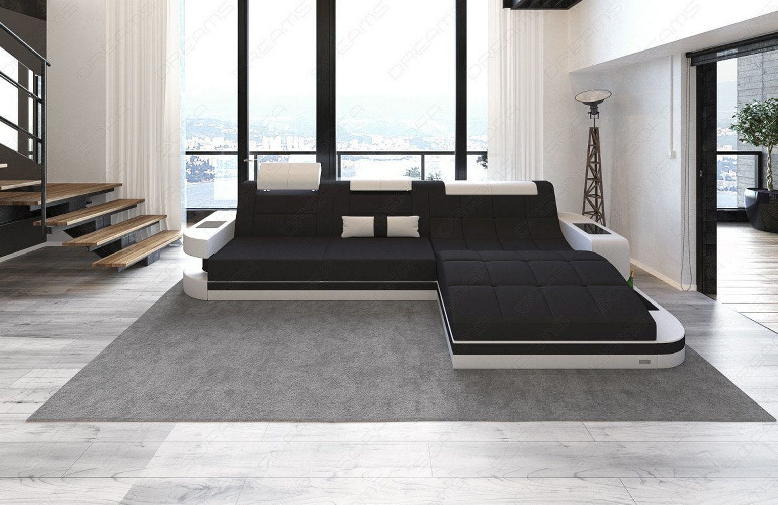 Materialmix Stoffsofa Wave L-Form Schwarz-Weiß