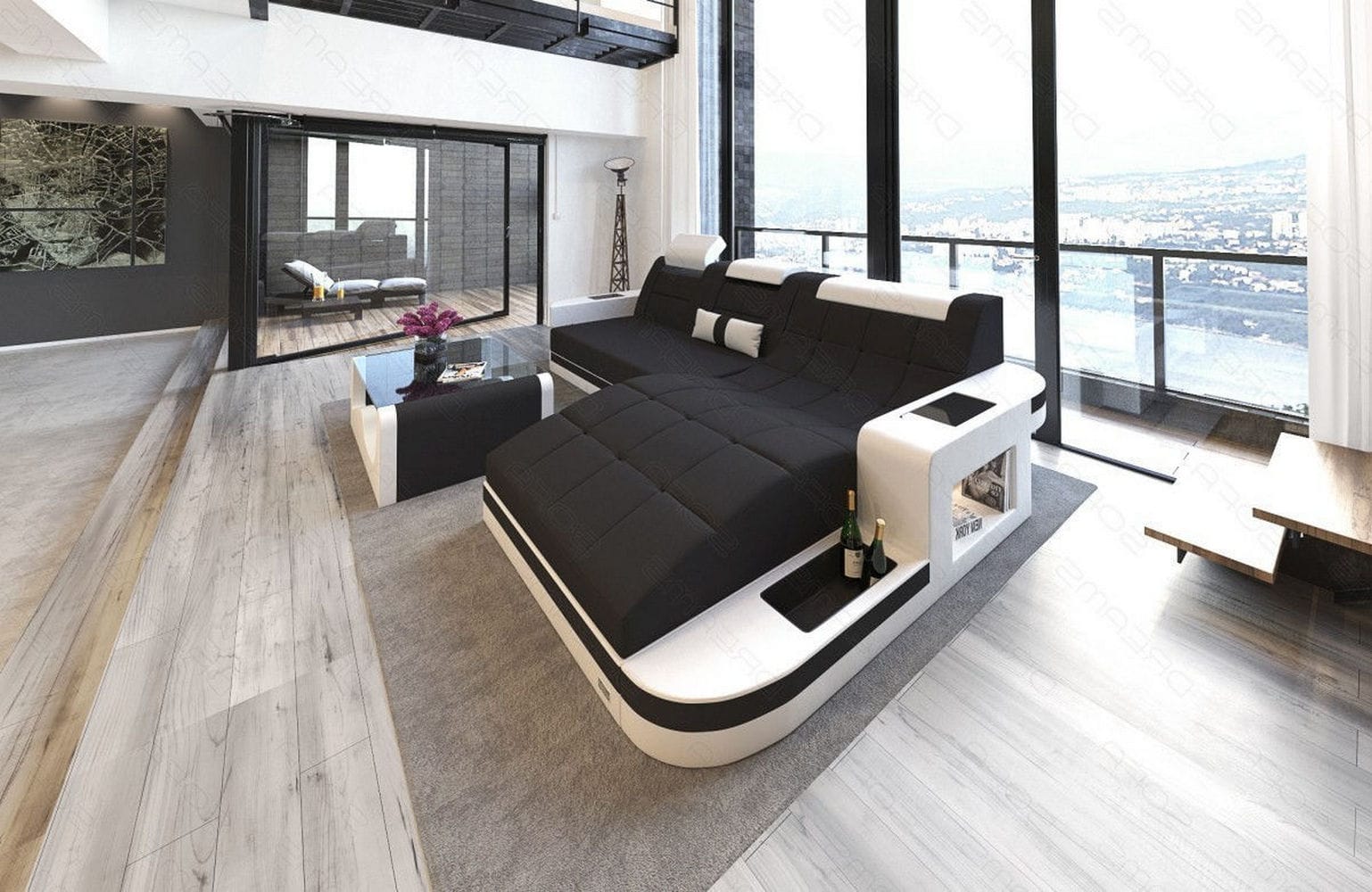 Materialmix Stoffsofa Wave L-Form Schwarz-Weiß