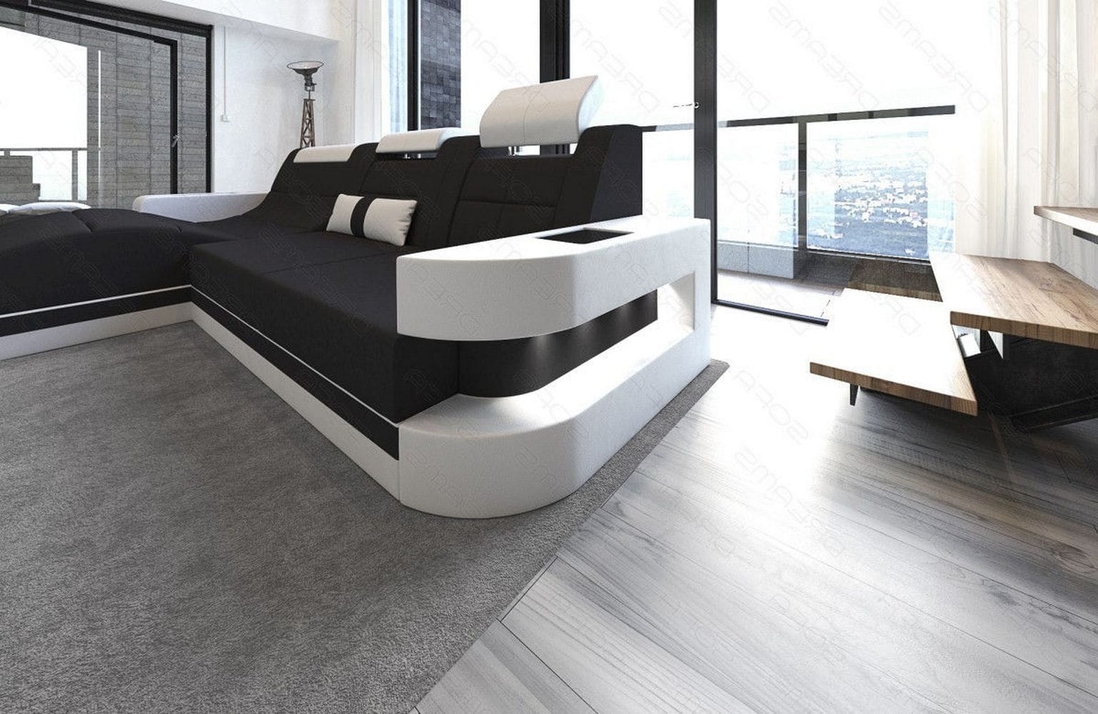 Materialmix Stoffsofa Wave L-Form Schwarz-Weiß