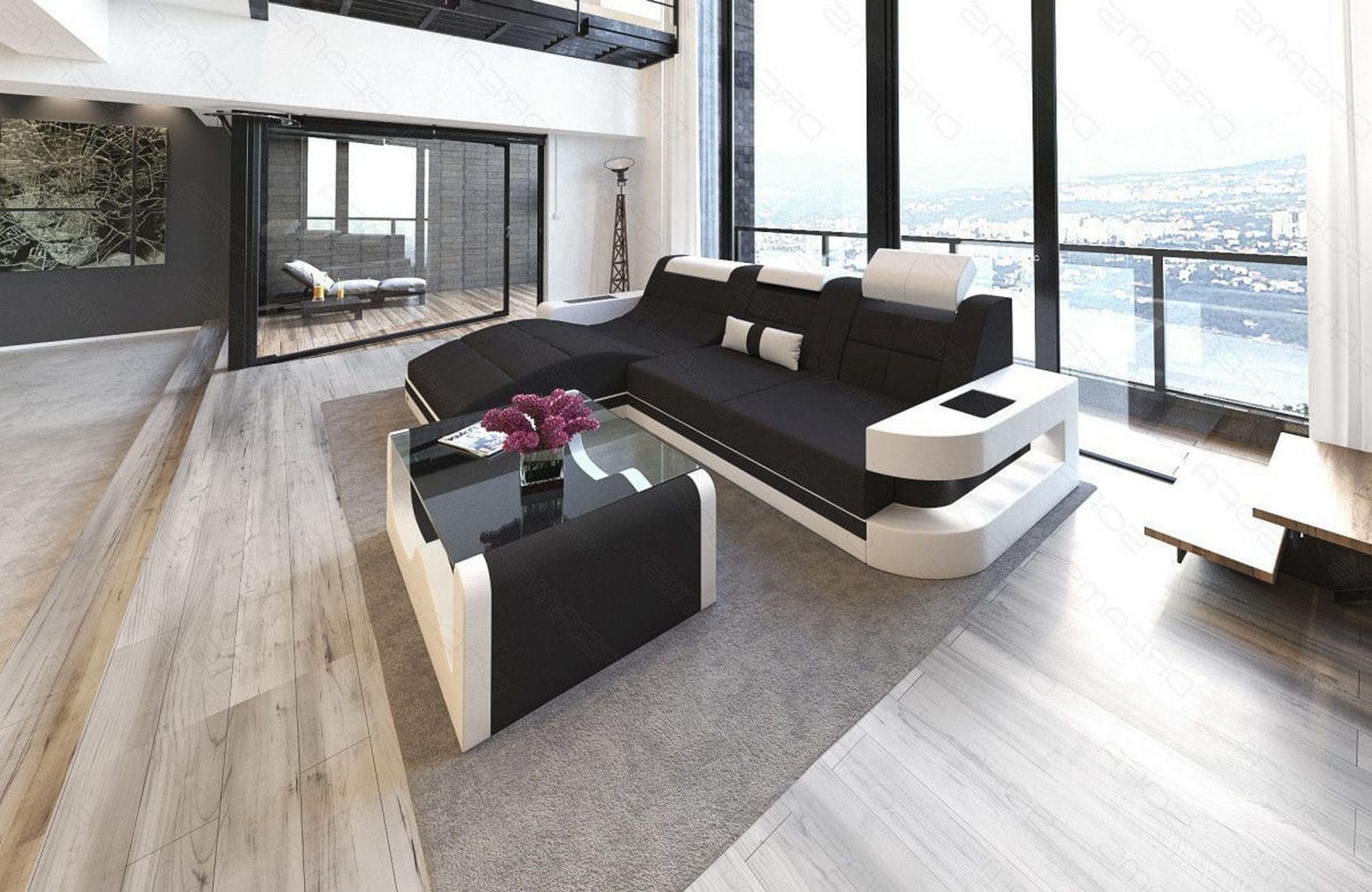Materialmix Stoffsofa Wave L-Form Schwarz-Weiß